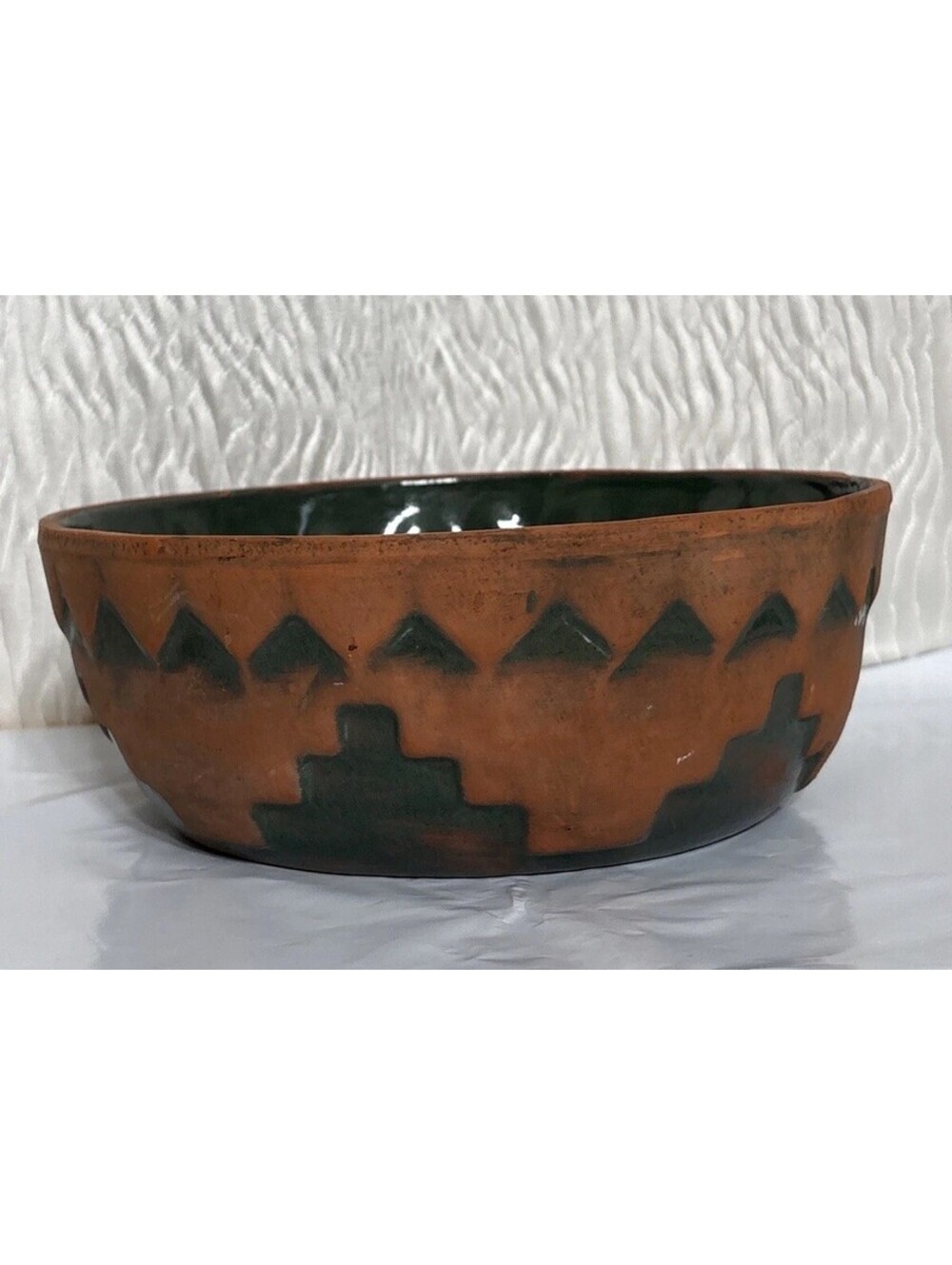 Southwest Sign TCC USA Terra Cotta Pottery Pot Bowl W Green Glaze 8” Dia-3” Tall